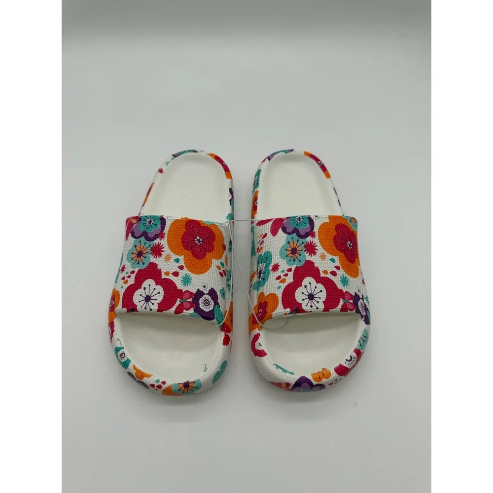 Kids Floral Print Foam Slide Sandals White Multi Color Pool Beach Shoes Size 2